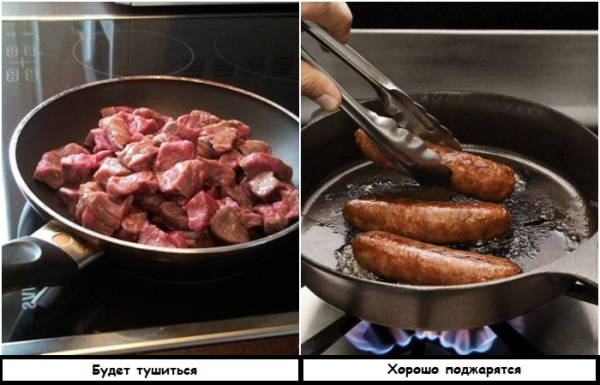 Смажити м'ясо та сосиски краще на чавунній сковороді Жарить мясо и сосиски лучше на чугунной сковороде