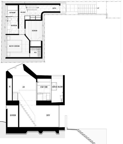 Планування Г-подібного будинку від Apollo Architects & Associates (Токіо, Японія). Планировка Г-образного дома от Apollo Architects & Associates (Токио, Япония).