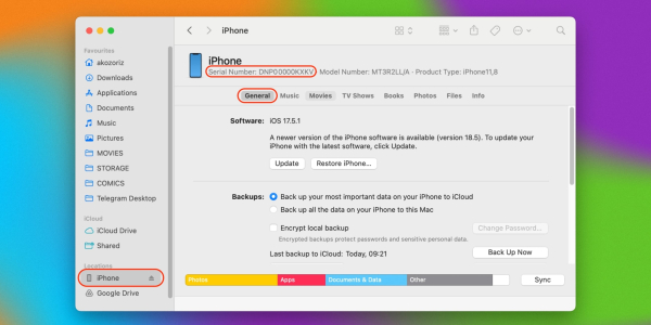 Перевірка серійного номера через Finder або iTunes на комп'ютері Как проверит серийный номер айфон через Finder или iTunes на ПК