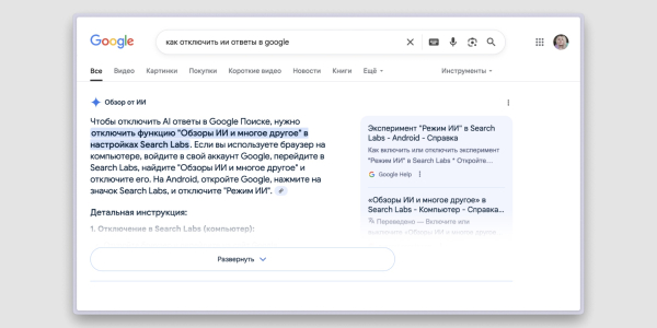 «Обзор от ИИ» не помогает отключить «Обзор от ИИ» 