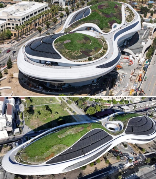 Більшість даху вкрита живими рослинами (Lucas Museum). Большая часть крыши покрыта живыми растениями (Lucas Museum).