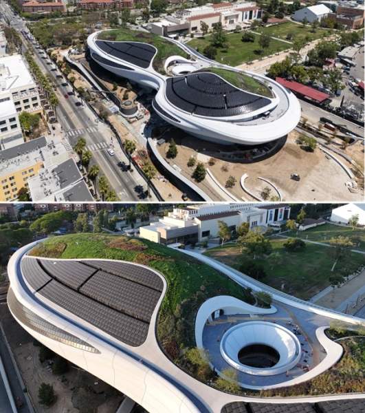 У дах будівлі вбудовані сонячні панелі (Lucas Museum of Narrative Art). В крышу здания интегрированы солнечные панели (Lucas Museum of Narrative Art).