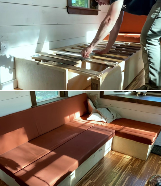 Самодельный диван легко превращается в гостевую кровать.