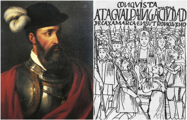 Франсіско Пісарро (ліворуч) та ілюстрація його зустрічі з імператором інків (праворуч). Франсиско Писарро (слева) и иллюстрация его встречи с императором инков (справа).