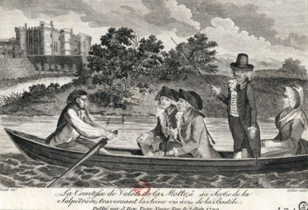 Гравюра, що зображує втечу переодягненого в чоловіка графині де Ламотт із в'язниці. Гравюра, изображающая побег переодетой в мужчину графини де Ламотт из тюрьмы.