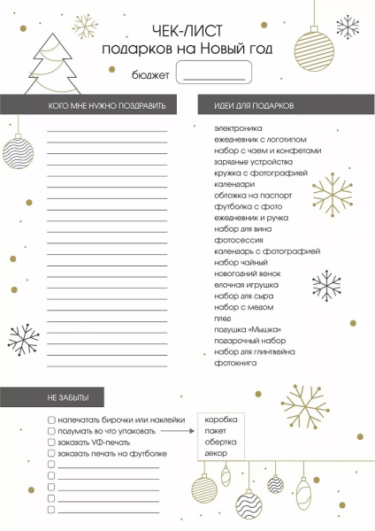 Приклад чек-листа новорічних подарунків Пример чек-листа новогодних подарков