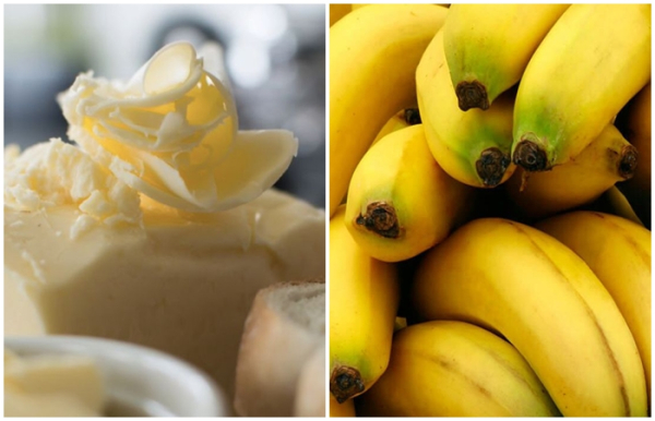 Слева направо: Сливочное масло и бананы.  Фото: thinktasty.com.  sentinellebf.com.