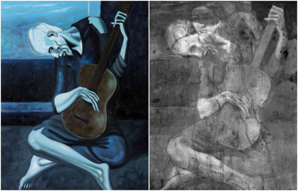 Изображение женщины (справа), поверх которого Пикассо написал своего старика-гитариста. /Фото: amazon.co.uk, daydreamtourist.com