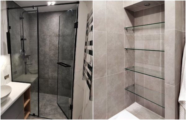 Встановіть скляну душову кабіну та повісьте прозорі полиці. Установите стеклянную душевую кабину и повесьте прозрачные полки