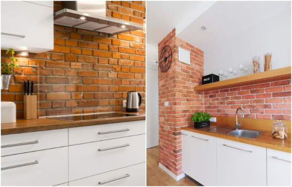 Кирпич отлично сочетается со светлым кухонным гарнитуром