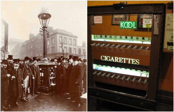 Викторианский автомат (слева) и винтажный автомат для сигарет (справа). /Фото: reddit.com, whitneyhess.com