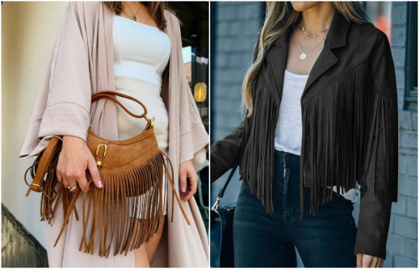 Бахрома актуально смотрится и на куртках, и на сумках