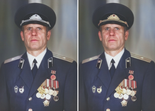Реставрация повреждённого фото фильтром Colorize в Photoshop (слева) и его ручная доработка (справа)
