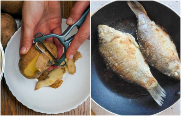 В сковороду к рыбе нужно положить очищенный картофель