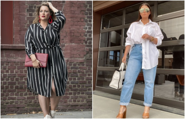 Платье с принтом и заправленная рубашка создают вертикали